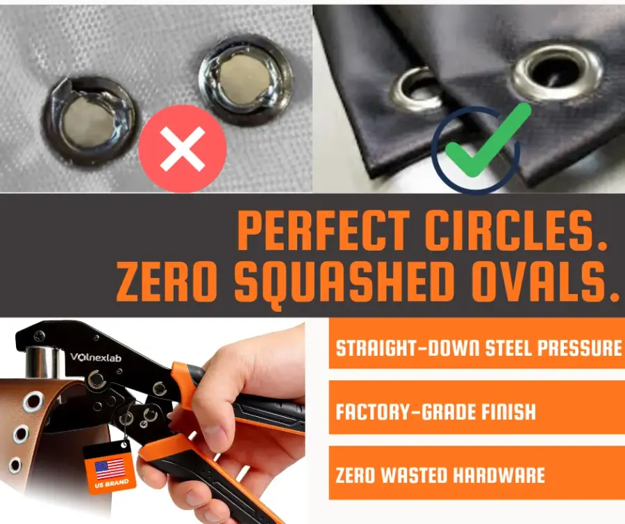 VOLNEXLAB grommet setter creates clean round grommets without crushing hardware